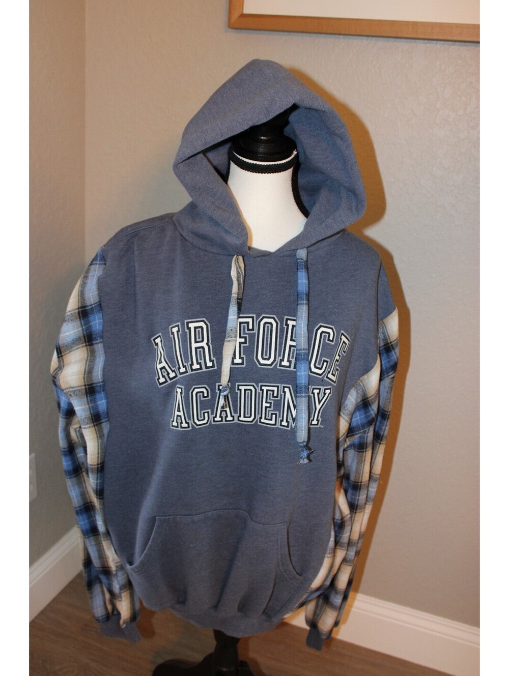 Air Force Academy Hoodie with Blue and Beige Plaid Sleeves, Size Large